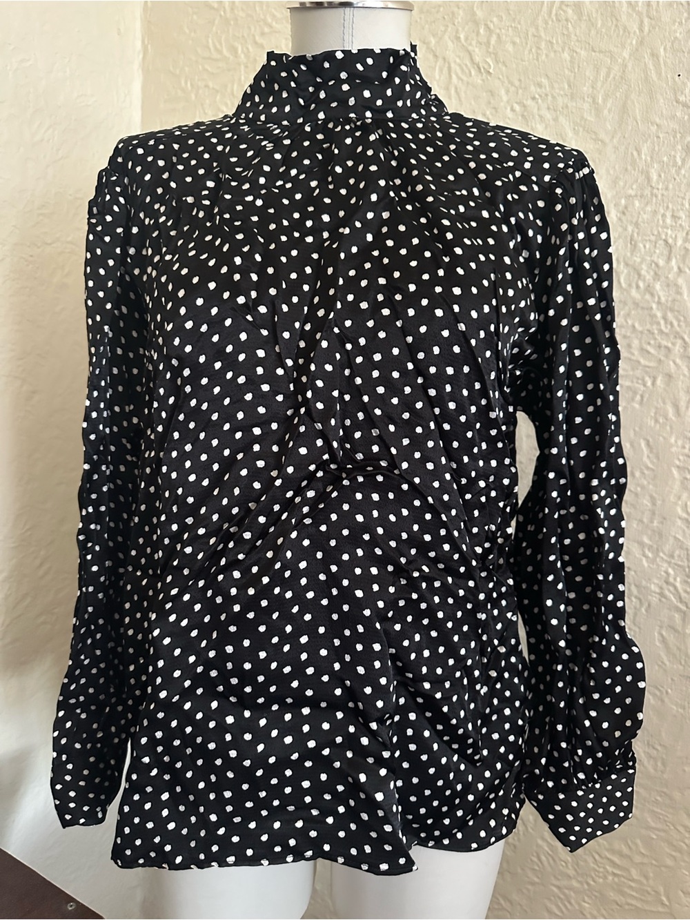 Zara Black White Dot High Neck Bow Back Satin Blouse Top Medium